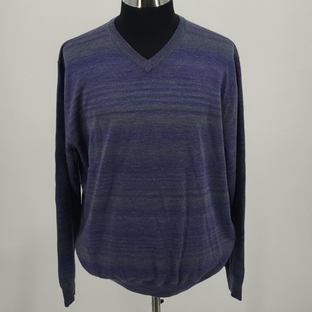 Bugatchi Uomo Mens XL Purple Blue Striped Wool Blend V-Neck Sweater AH643 VN1